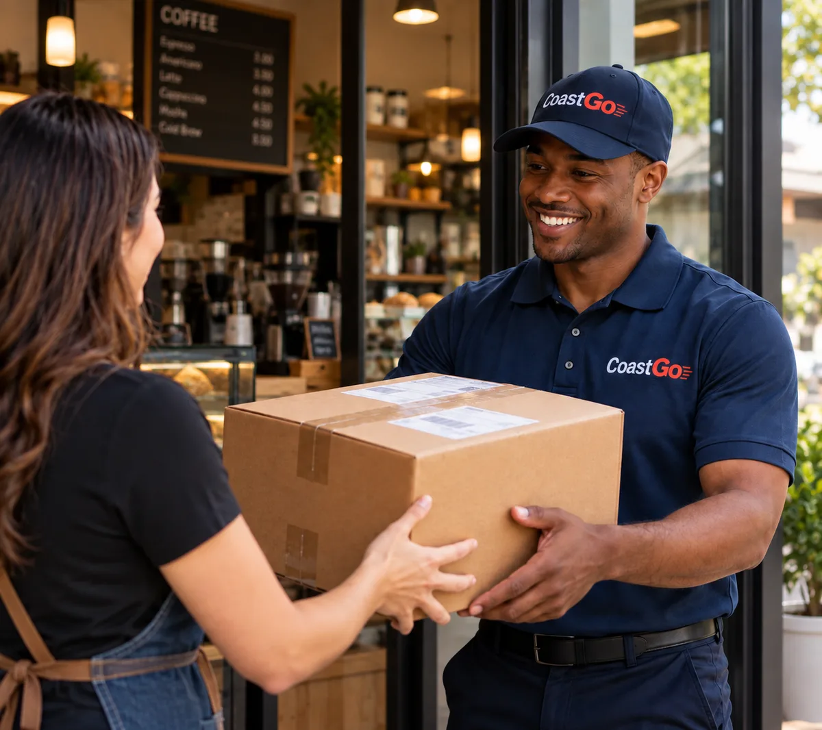 CoastGo Express courier handing a package to a local business owner in Hampton Roads
