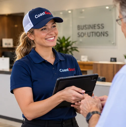 CoastGo Express courier collecting a signature on a tablet at a business front desk