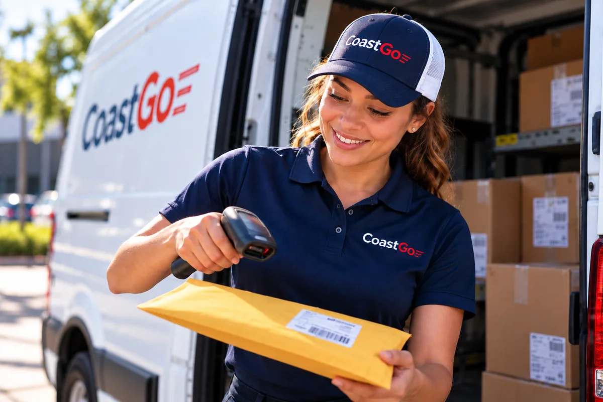 CoastGo Express courier scanning a package beside a delivery van for Newport News courier service